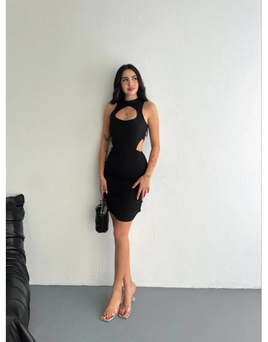 Göğüs ve Yanlar dekolteli Kolsuz Boy Elbise - Siyah -