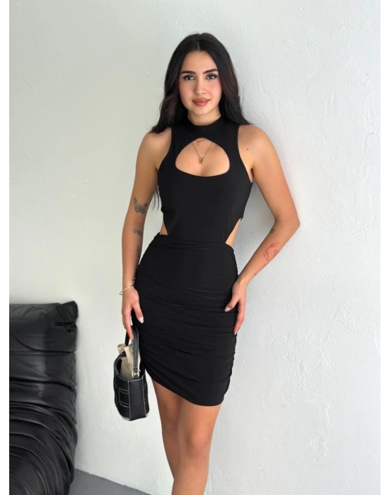 Göğüs ve Yanlar dekolteli Kolsuz Boy Elbise - Siyah -