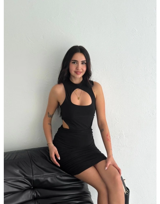 Göğüs ve Yanlar dekolteli Kolsuz Boy Elbise - Siyah -