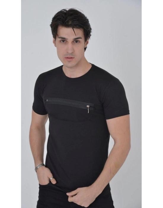 Göğüste Fermuar Aksesuarlı Dar Kalıp T-Shirt - Siyah -