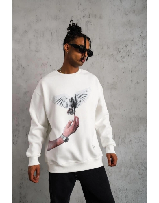 Güvercin Baskılı Sweatshirt - Beyaz -