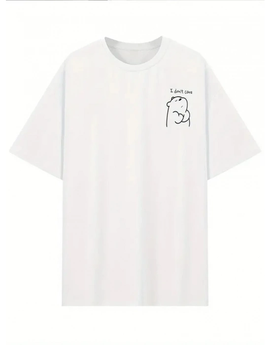 Hafif   Günlük T-Shirt Eğlenceli Karikatür Ayı ve Umrumda Değil Baskı  BEYAZ -
