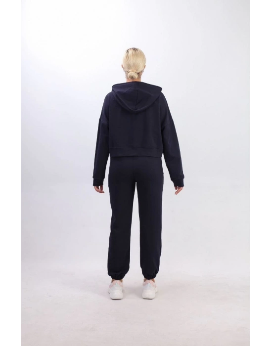 iki iplik Kapüşonlu Fermuarlı Crop Oversize Hırka Takım- Lacivert -