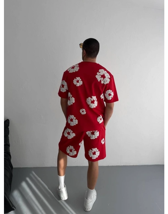 İki İplik Kumaş Baskılı T-shirt Şortlu Takım- Kırmızı -
