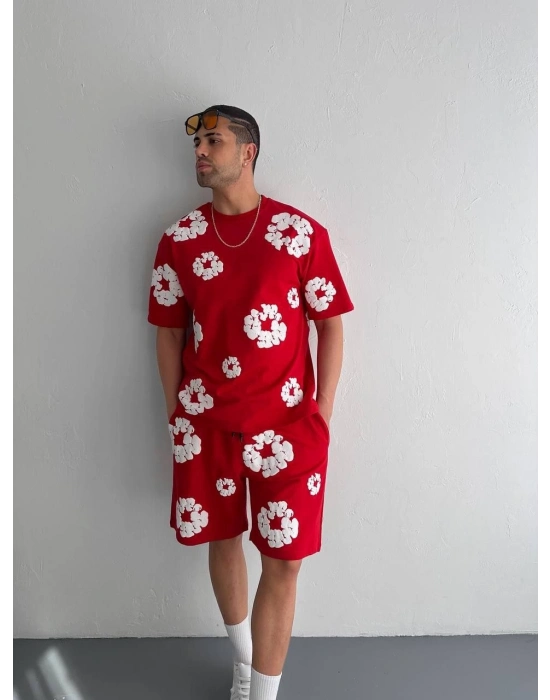 İki İplik Kumaş Baskılı T-shirt Şortlu Takım- Kırmızı -