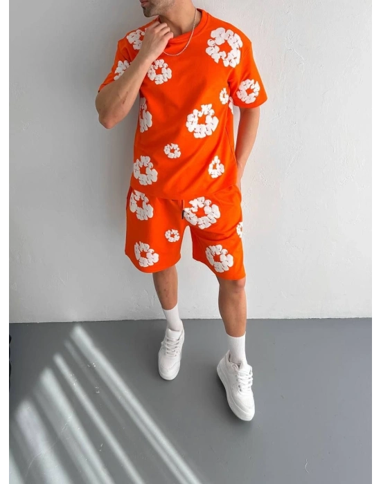 İki İplik Kumaş Baskılı T-shirt Şortlu Takım- Turuncu -