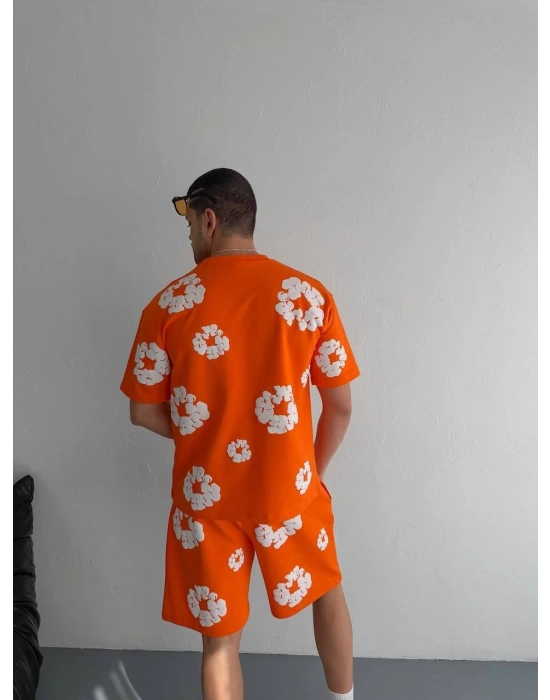 İki İplik Kumaş Baskılı T-shirt Şortlu Takım- Turuncu -