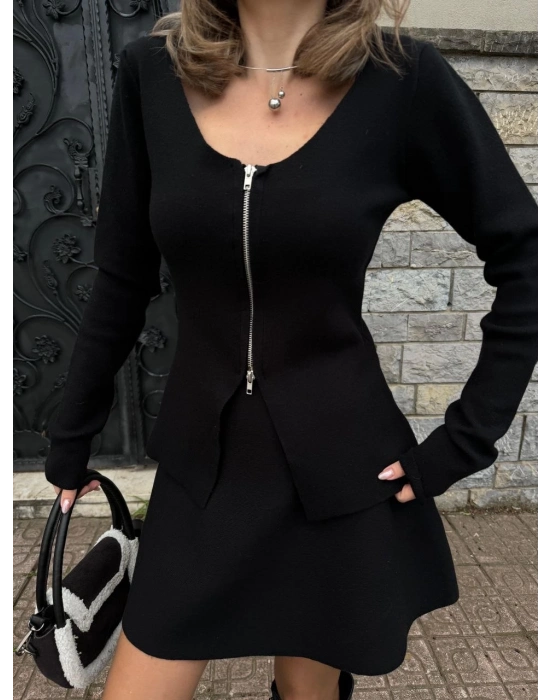 İkili Fermuarlı Hırkalı Etekli Takım - Siyah -