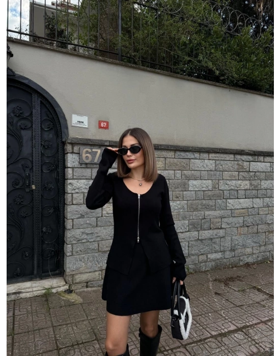 İkili Fermuarlı Hırkalı Etekli Takım - Siyah -