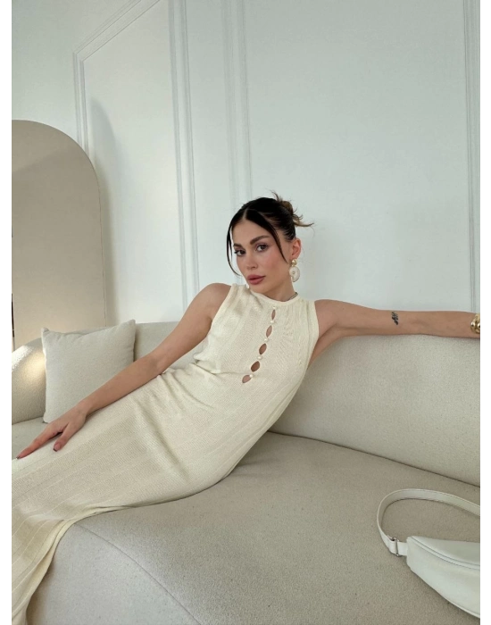 Kalın Fitilli Uzun Triko Elbise - Kırık Beyaz -