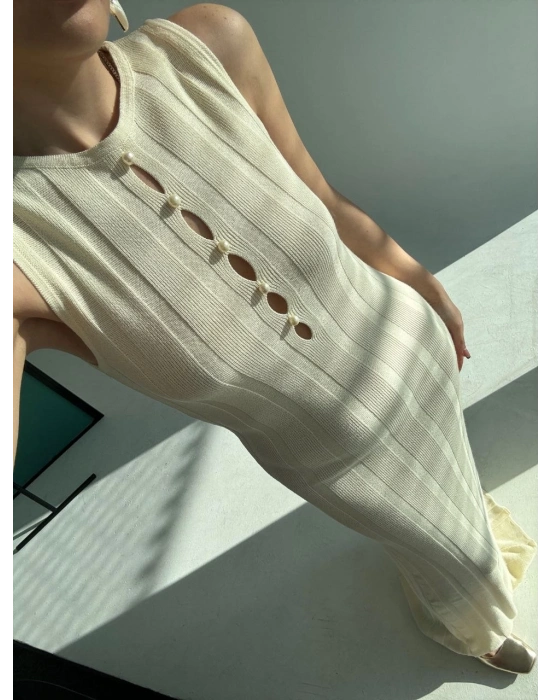 Kalın Fitilli Uzun Triko Elbise - Kırık Beyaz -