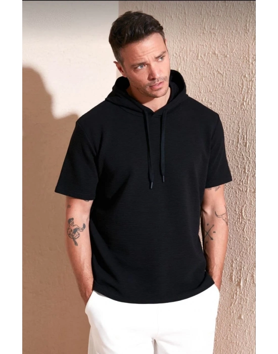 Kapşonlu Kısa Kol Düz Oversize T-shirt - Siyah -