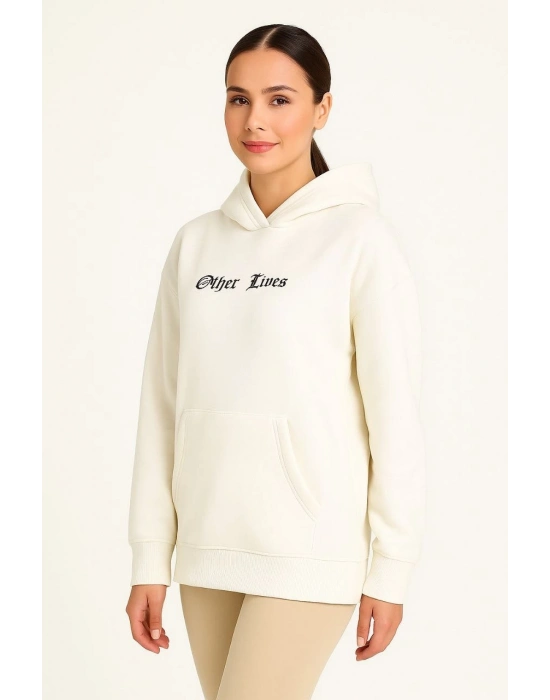 Kapşonlu Sweatshirt – Oversize “Other Lives” Ön  Arka Baskıl Beyaz -