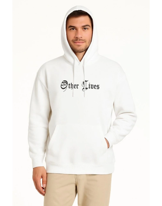 Kapşonlu Sweatshirt – Oversize “Other Lives” Ön  Arka Baskılı- Beyaz -