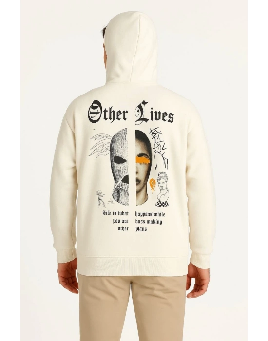 Kapşonlu Sweatshirt – Oversize “Other Lives” Ön  Arka Baskılı- Beyaz -
