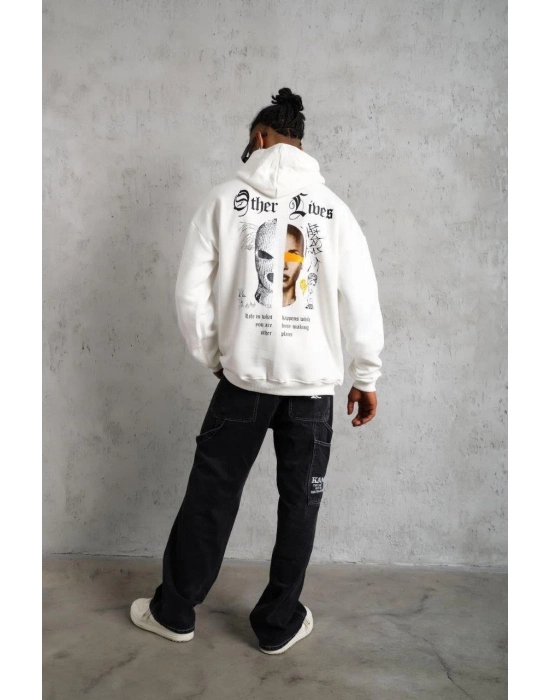 Kapşonlu Sweatshirt – Oversize “Other Lives” Ön  Arka Baskılı,- Beyaz -