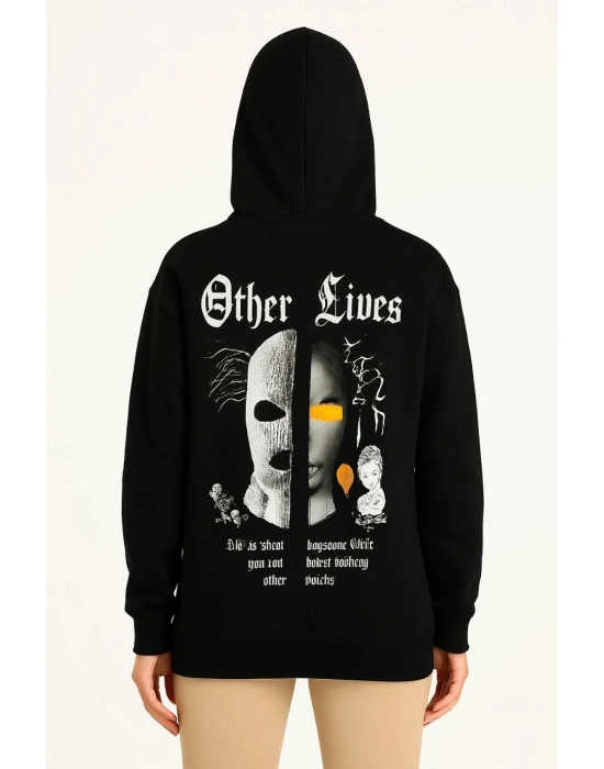 Kapşonlu Sweatshirt – Oversize“Other Lives” Ön  Arka Baskılı, Siyah -
