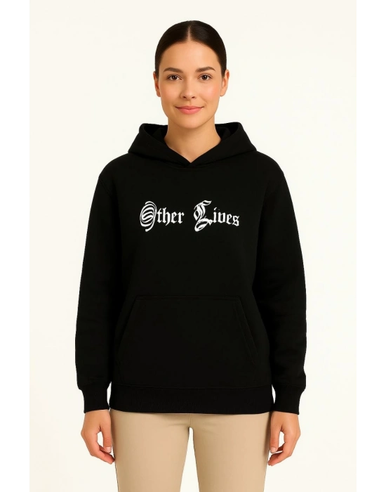 Kapşonlu Sweatshirt – Oversize“Other Lives” Ön  Arka Baskılı, Siyah -