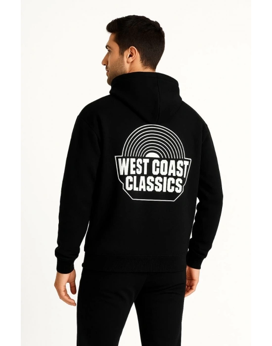 Kapşonlu Sweatshirt – “West Coast Classics” Ön  Arka Baskılı,- Siyah -