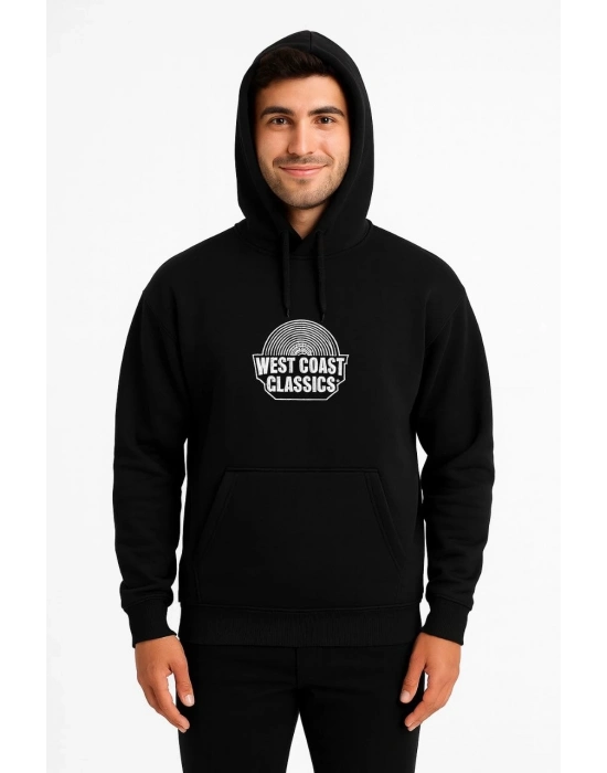 Kapşonlu Sweatshirt – “West Coast Classics” Ön  Arka Baskılı,- Siyah -