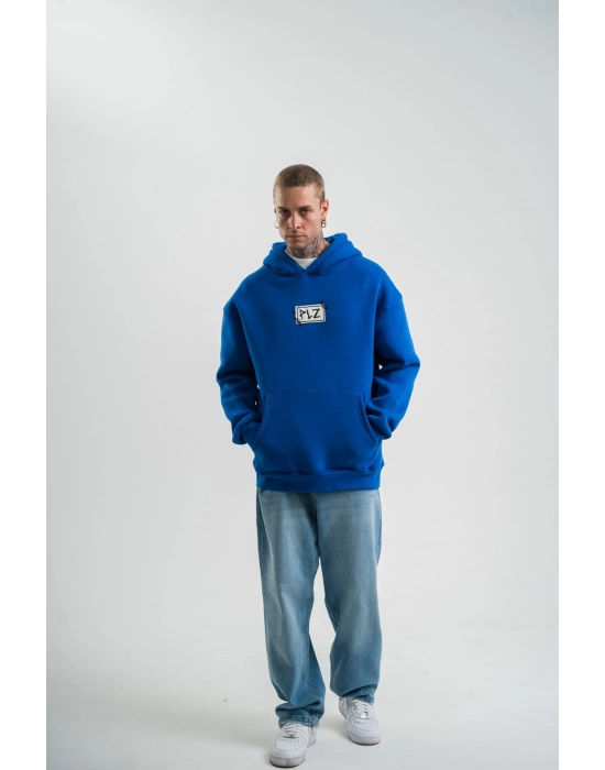 Kapşonlu Uzun Kol Patchli Nakışlı SweatShirt - Mavi -