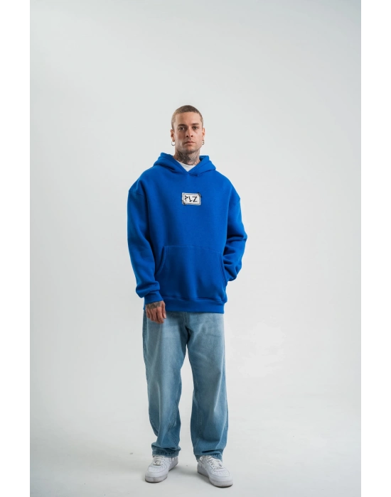 Kapşonlu Uzun Kol Patchli Nakışlı SweatShirt - Mavi -