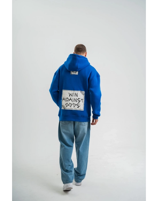 Kapşonlu Uzun Kol Patchli Nakışlı SweatShirt - Mavi -