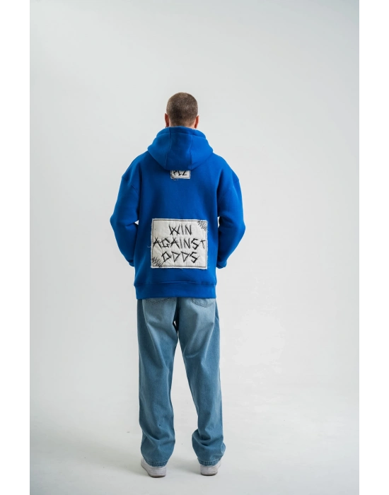 Kapşonlu Uzun Kol Patchli Nakışlı SweatShirt - Mavi -