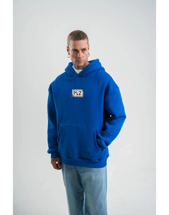 Kapşonlu Uzun Kol Patchli Nakışlı SweatShirt - Mavi -