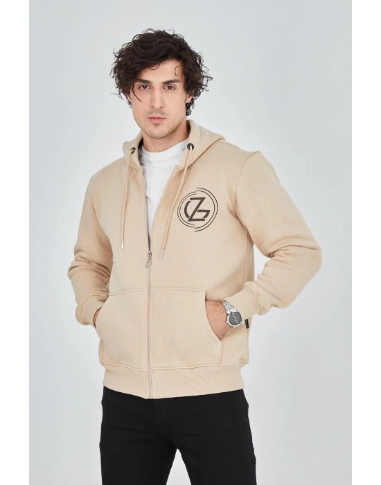 Kapüşonlu Baskılı Fermuarlı Hırka - Bej -