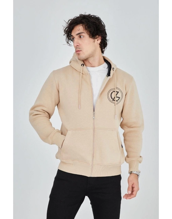 Kapüşonlu Baskılı Fermuarlı Hırka - Bej -