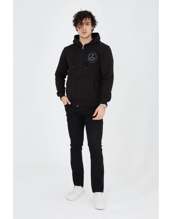 Kapüşonlu Baskılı Fermuarlı Hırka - Siyah -