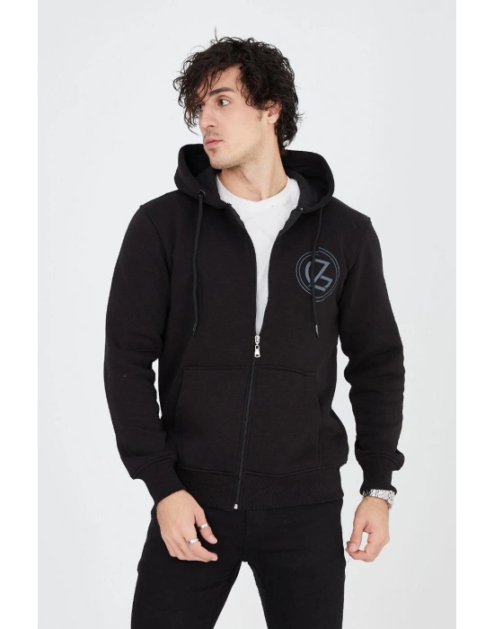 Kapüşonlu Baskılı Fermuarlı Hırka - Siyah -