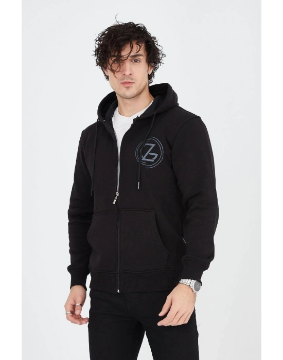 Kapüşonlu Baskılı Fermuarlı Hırka - Siyah -