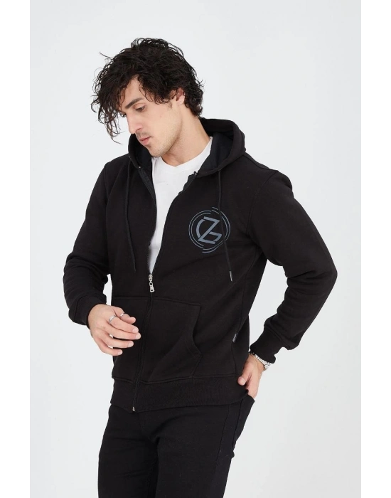 Kapüşonlu Baskılı Fermuarlı Hırka - Siyah -