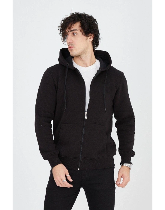Kapüşonlu Düz Fermuarlı Hırka - Siyah -