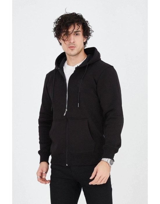 Kapüşonlu Düz Fermuarlı Hırka - Siyah -