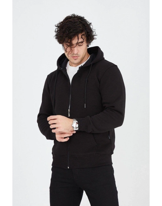 Kapüşonlu Düz Fermuarlı Hırka - Siyah -