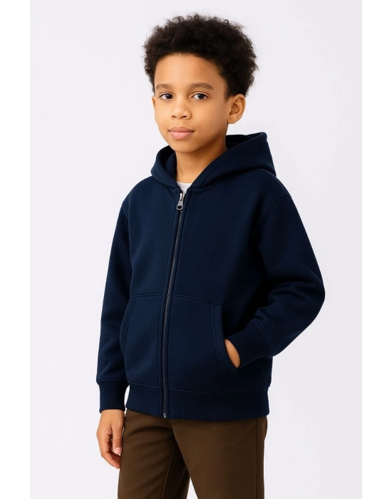 Kapüşonlu Kanguru Çepli Tam Fermuarlı Hırka SweatShirt - Lacivert -