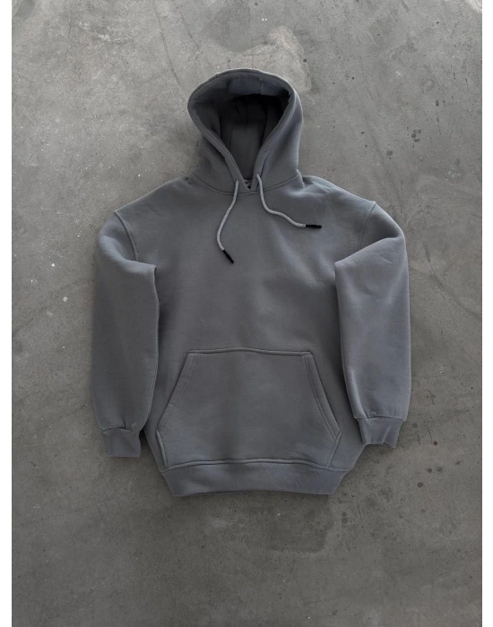 Kapüşonlu Üç İplik Penye Basic SweatShirt - Boyalı Gri -