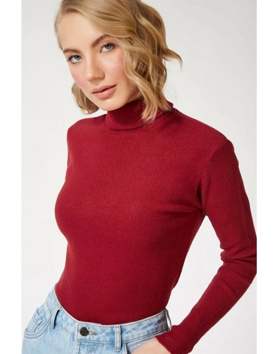 Kaşkorse Boğazlı Full Likralı Fitilli Body Kazak - Bordo -