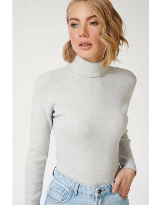 Kaşkorse Boğazlı Full Likralı Fitilli Body Kazak - Gri -