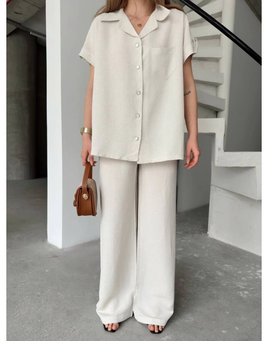 Keten Kısa Kollu Cepli Gömlek Pantolon ikili Takım - Beyaz -