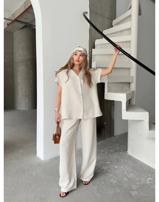 Keten Kısa Kollu Cepli Gömlek Pantolon ikili Takım - Beyaz -