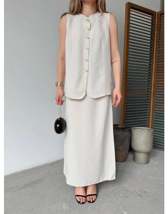 Keten Kolsuz Sıfır Yaka İlik Düğmeli Kolsuz Hırka Etek ikili Takım- Beyaz -