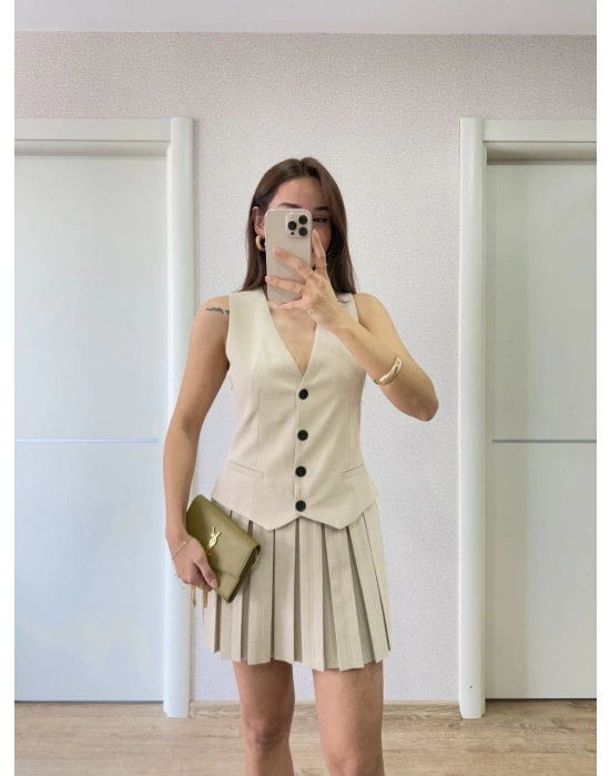 Keten Takım Görünümlü Düğme Detaylı Yelekli Mini Elbise - Bej -