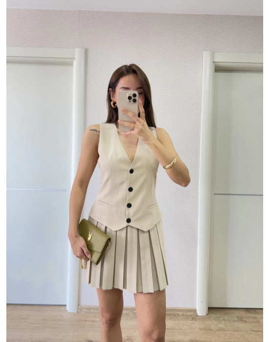 Keten Takım Görünümlü Düğme Detaylı Yelekli Mini Elbise - Bej -