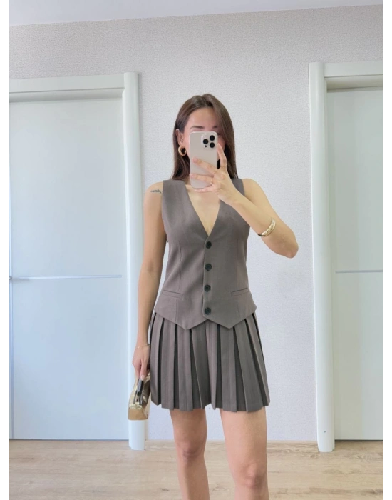 Keten Takım Görünümlü Düğme Detaylı Yelekli Mini Elbise - Füme -