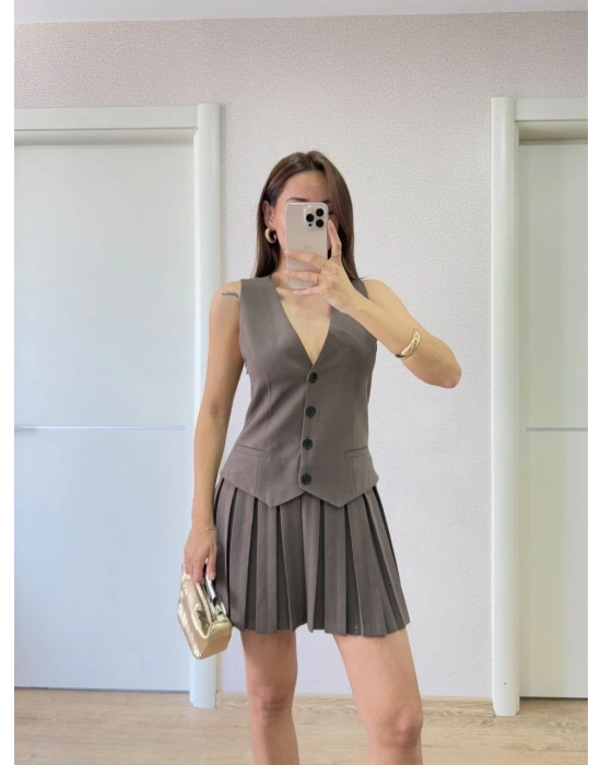 Keten Takım Görünümlü Düğme Detaylı Yelekli Mini Elbise - Füme -