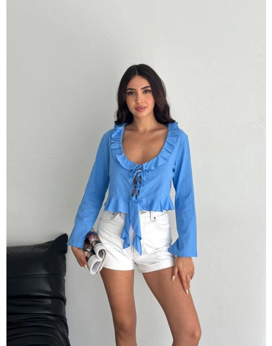 Keten Uzun Kol Bağacık Detaylı Bluz - Mavi -